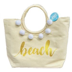 “Beach” Large Canvas Graphic Print Tote Bag, Fancy Rope Handles.
